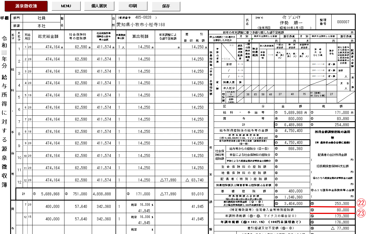 源泉徴収簿には住宅借入金等特別控除額が表示されるが、源泉徴収